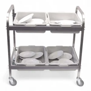 DISH CLEARING TROLLEY S/STEEL WITH 4 TOTE BOXES 870MM X 545MM X 930MM